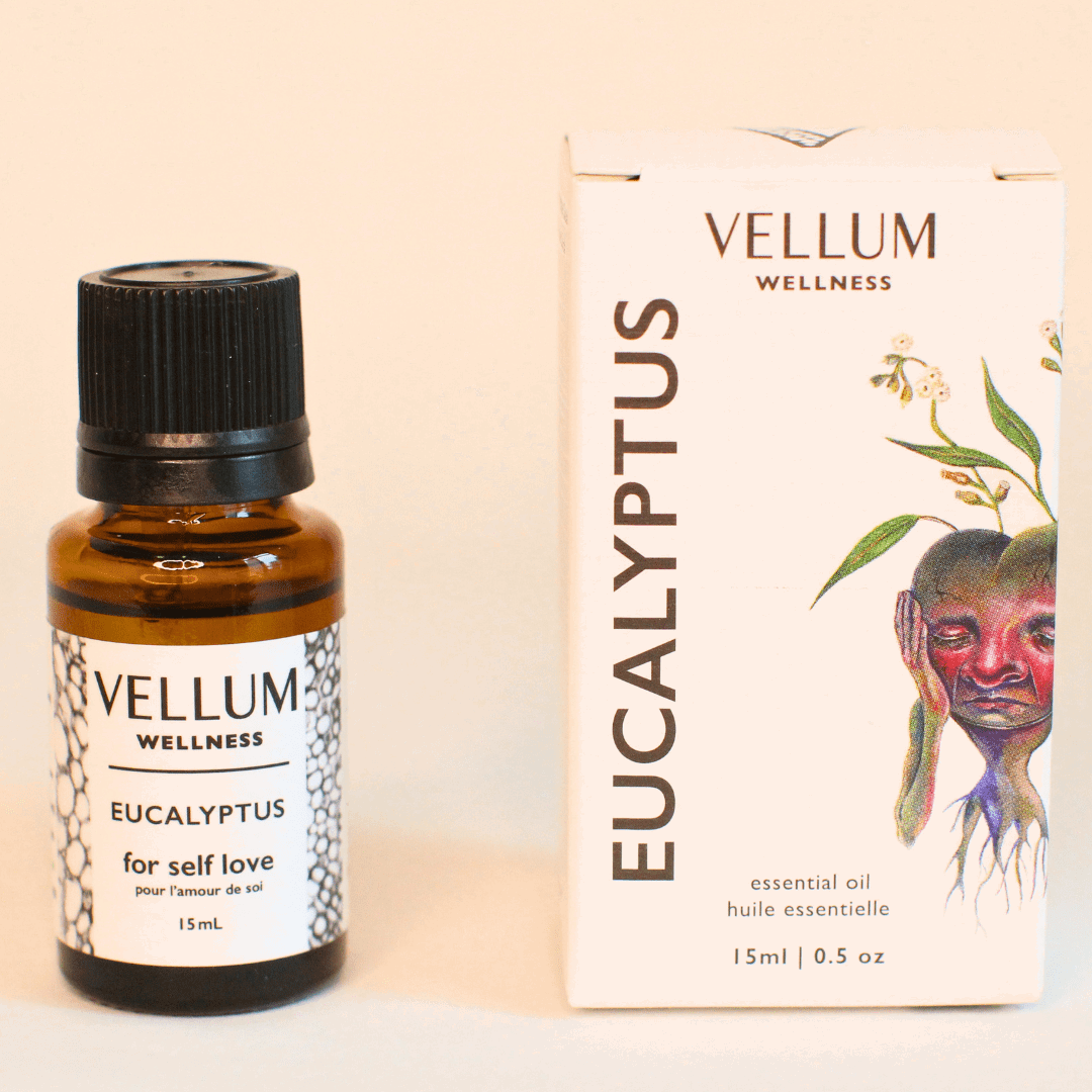 Pure Eucalyptus Essential Oil by Vellum Wellness, invigorating fresh aroma clears sinuses and eases breathing, antimicrobial for skin and air purification, relieves muscle tension, 15mL bottle.