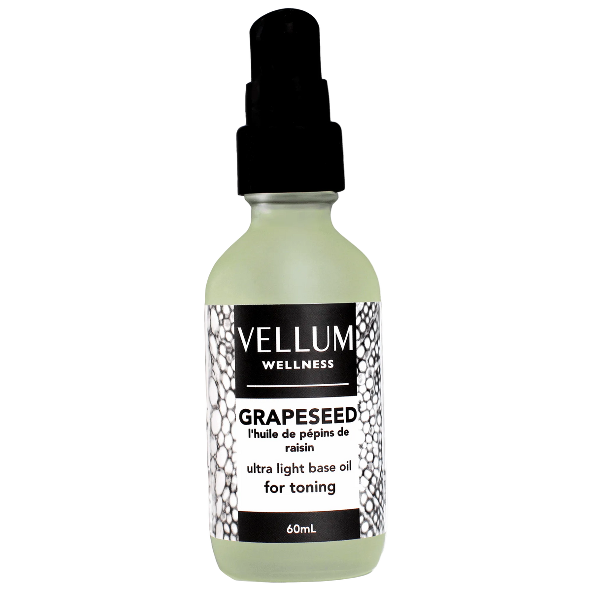 Pure Grapeseed Oil by Vellum Wellness, lightweight non-greasy carrier oil rich in antioxidants, moisturizes skin tones pores and supports hair health, ideal for dilutions, 60mL vegan bottle.