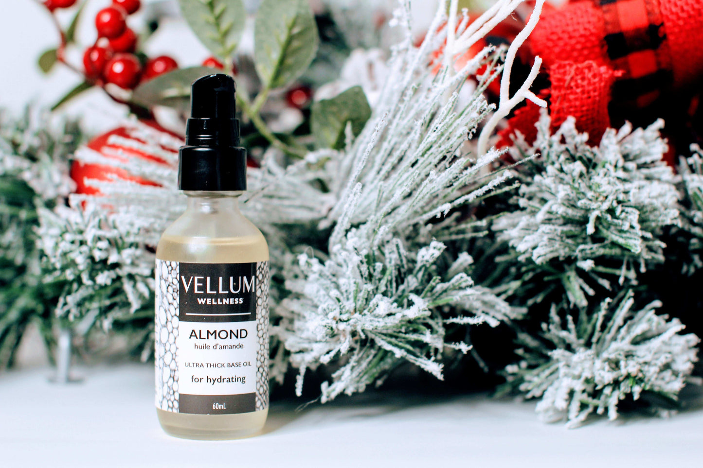 Pure Almond Base Oil by Vellum Wellness, natural carrier oil for essential oils, nourishes skin and hair, 60ml vegan bottle, Canadian-made.