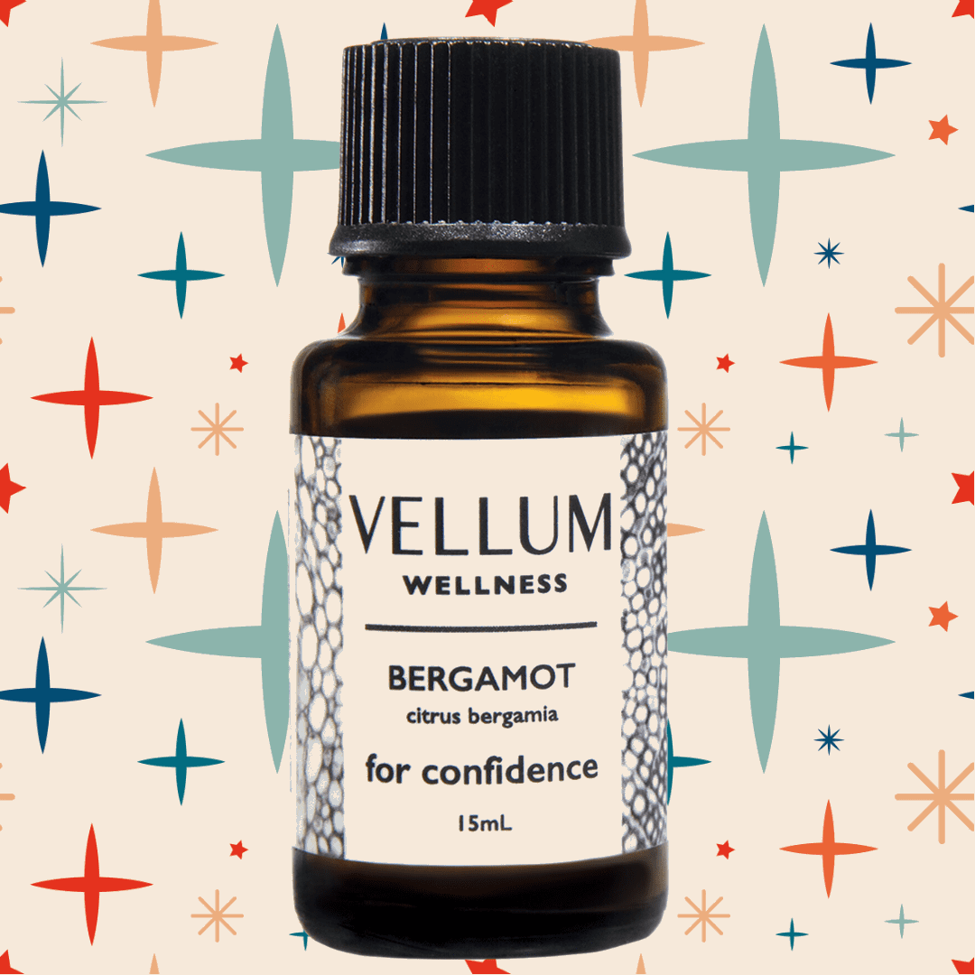 Pure Bergamot Essential Oil by Vellum Wellness, uplifting citrus aroma from Italy, bergapten-free for safe daytime skin use, boosts confidence and balances acne-prone skin, 15mL bottle.