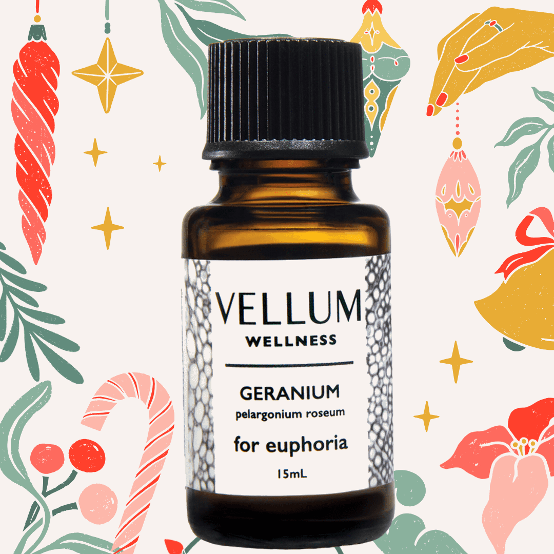 Pure Geranium Essential Oil by Vellum Wellness, uplifting floral aroma balances mood and hormones, supports clearer calmer skin, boosts energy, 15mL bottle.