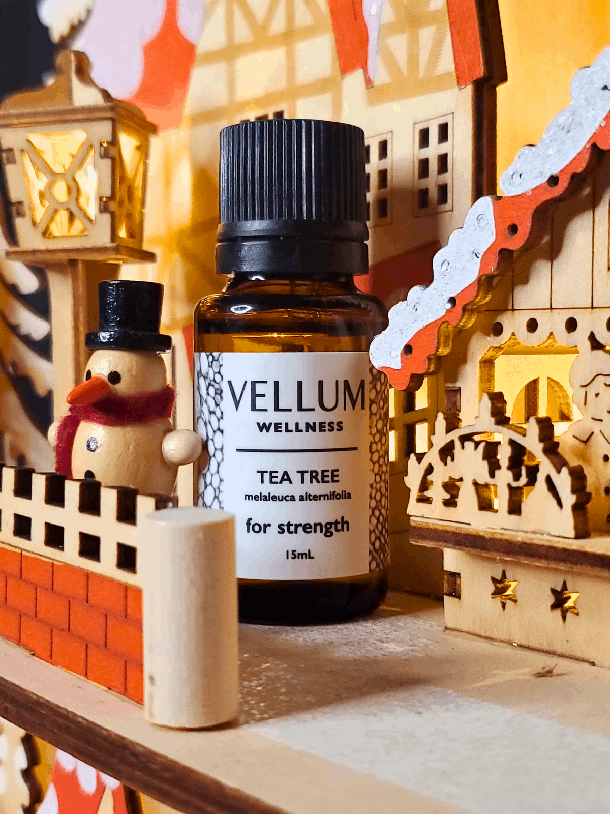 Pure Tea Tree Essential Oil by Vellum Wellness, purifying fresh medicinal scent fights acne bacteria, clarifies skin boosts mental strength, antimicrobial healer, 15mL bottle.