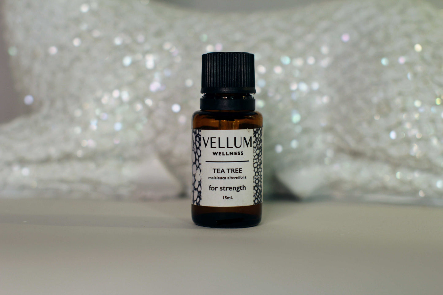 Pure Tea Tree Essential Oil by Vellum Wellness, purifying fresh medicinal scent fights acne bacteria, clarifies skin boosts mental strength, antimicrobial healer, 15mL bottle.