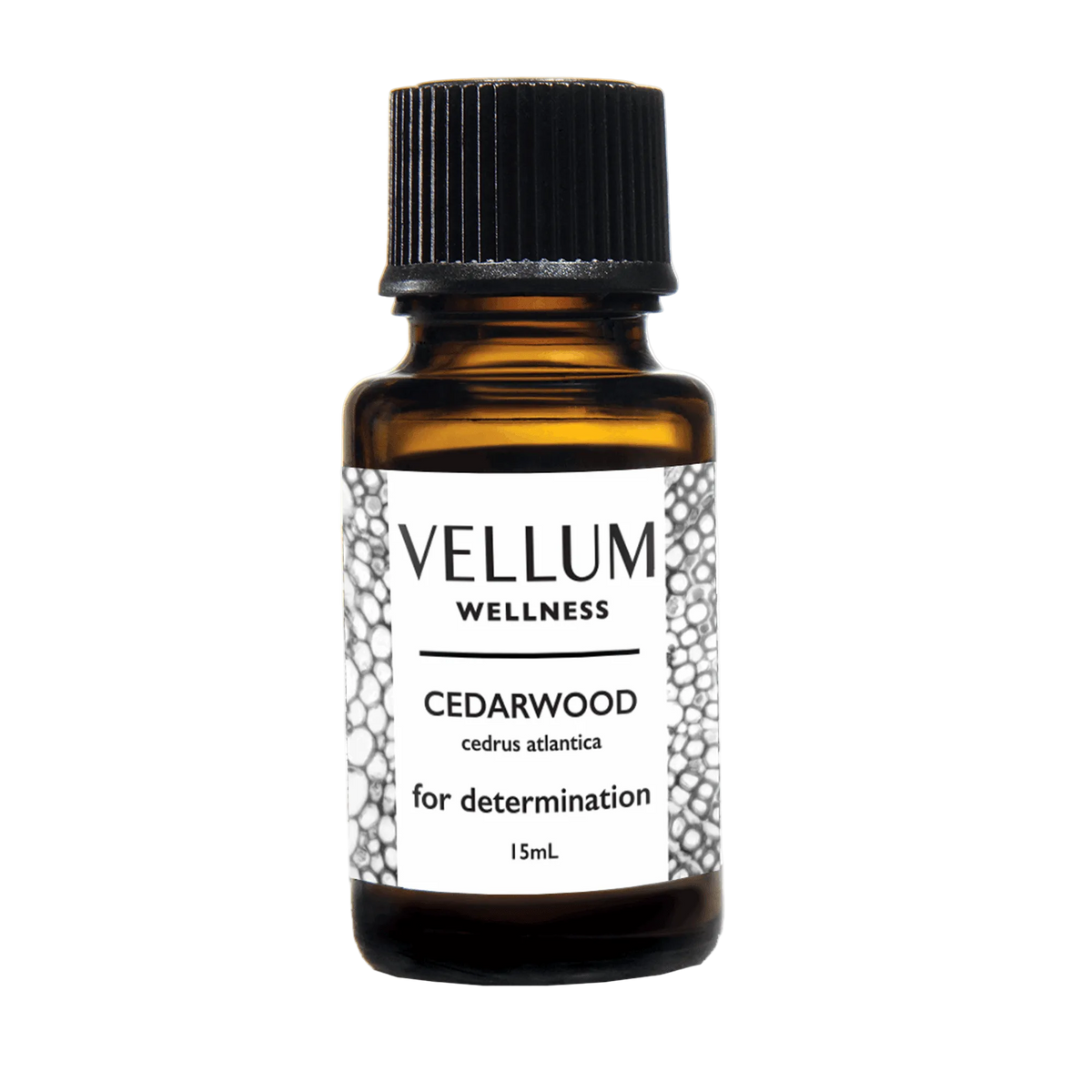 Pure Cedarwood Essential Oil by Vellum Wellness, grounding woody aroma for relaxation and focus, supports skin health, hair growth, and respiratory relief, 15mL bottle.