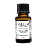 Pure Cedarwood Essential Oil by Vellum Wellness, grounding woody aroma for relaxation and focus, supports skin health, hair growth, and respiratory relief, 15mL bottle.