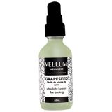 Pure Grapeseed Oil by Vellum Wellness, lightweight non-greasy carrier oil rich in antioxidants, moisturizes skin tones pores and supports hair health, ideal for dilutions, 60mL vegan bottle.