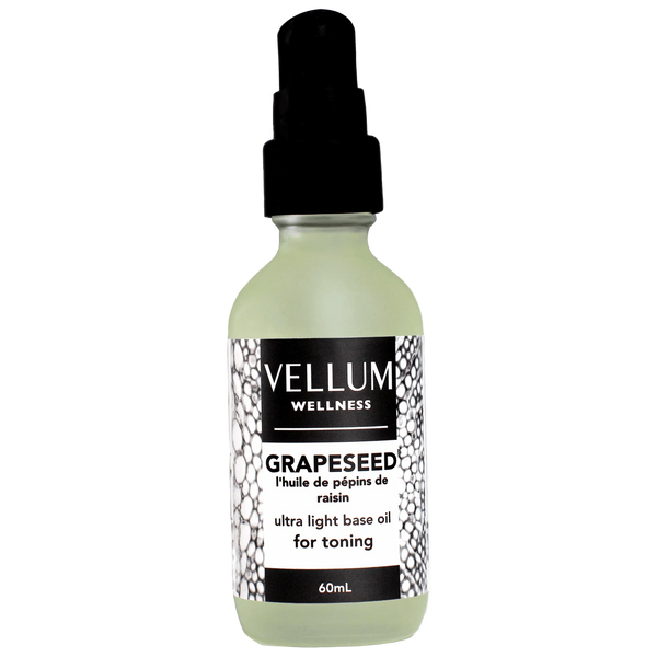 Pure Grapeseed Oil by Vellum Wellness, lightweight non-greasy carrier oil rich in antioxidants, moisturizes skin tones pores and supports hair health, ideal for dilutions, 60mL vegan bottle.