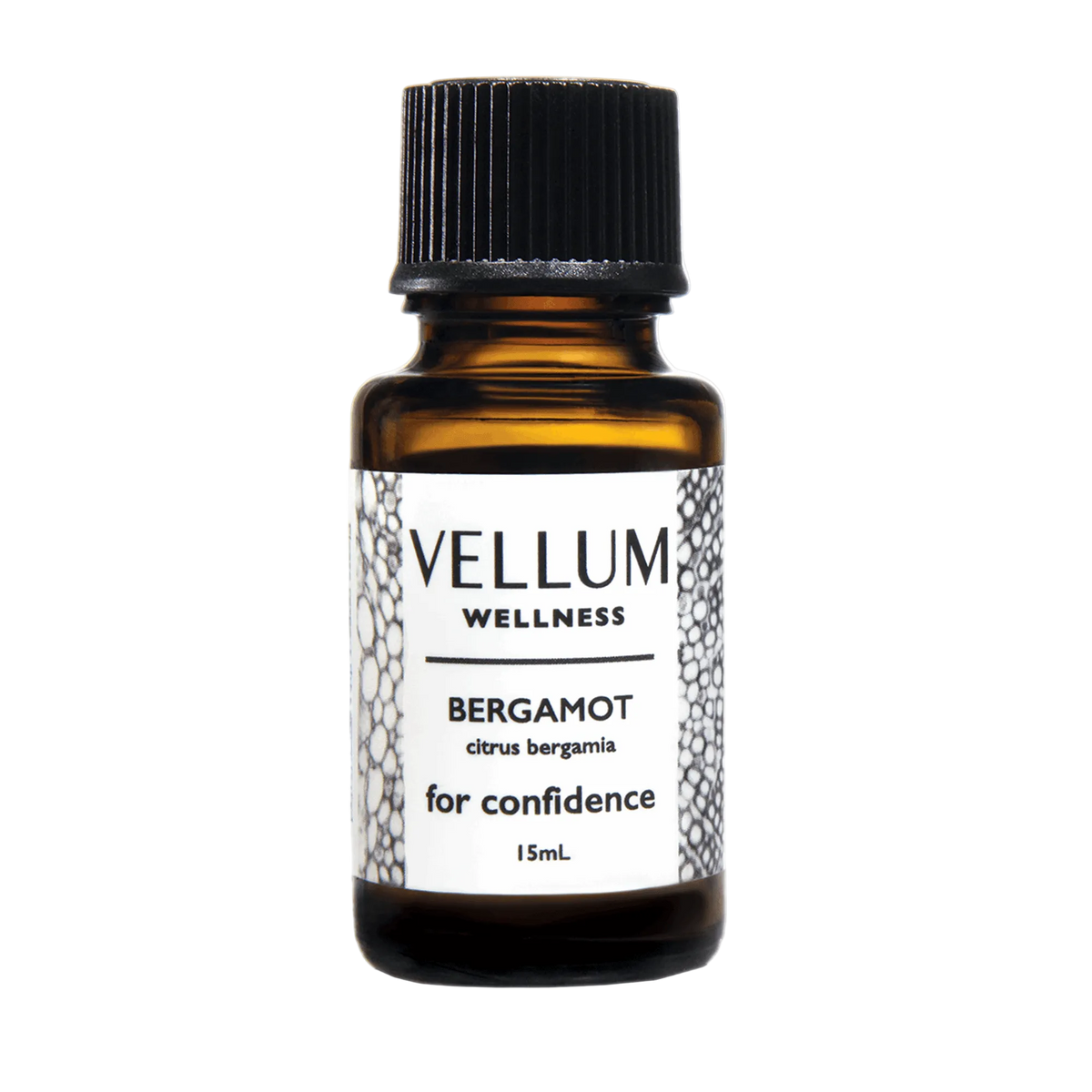 Pure Bergamot Essential Oil by Vellum Wellness, uplifting citrus aroma from Italy, bergapten-free for safe daytime skin use, boosts confidence and balances acne-prone skin, 15mL bottle.
