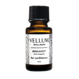 Pure Bergamot Essential Oil by Vellum Wellness, uplifting citrus aroma from Italy, bergapten-free for safe daytime skin use, boosts confidence and balances acne-prone skin, 15mL bottle.