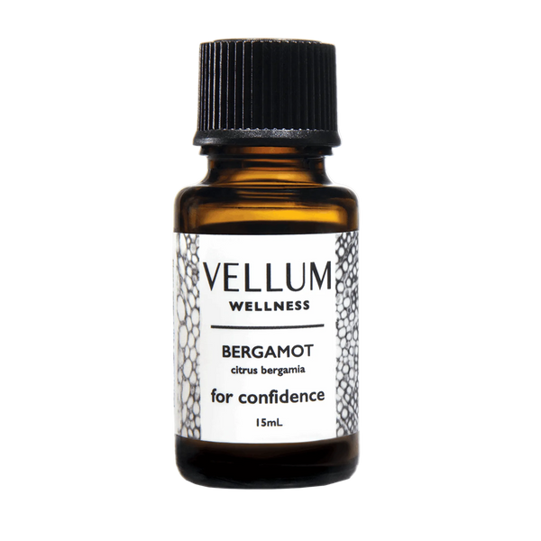 Pure Bergamot Essential Oil by Vellum Wellness, uplifting citrus aroma from Italy, bergapten-free for safe daytime skin use, boosts confidence and balances acne-prone skin, 15mL bottle.