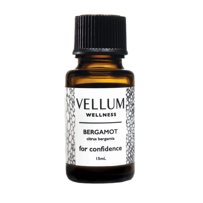 Pure Bergamot Essential Oil by Vellum Wellness, uplifting citrus aroma from Italy, bergapten-free for safe daytime skin use, boosts confidence and balances acne-prone skin, 15mL bottle.