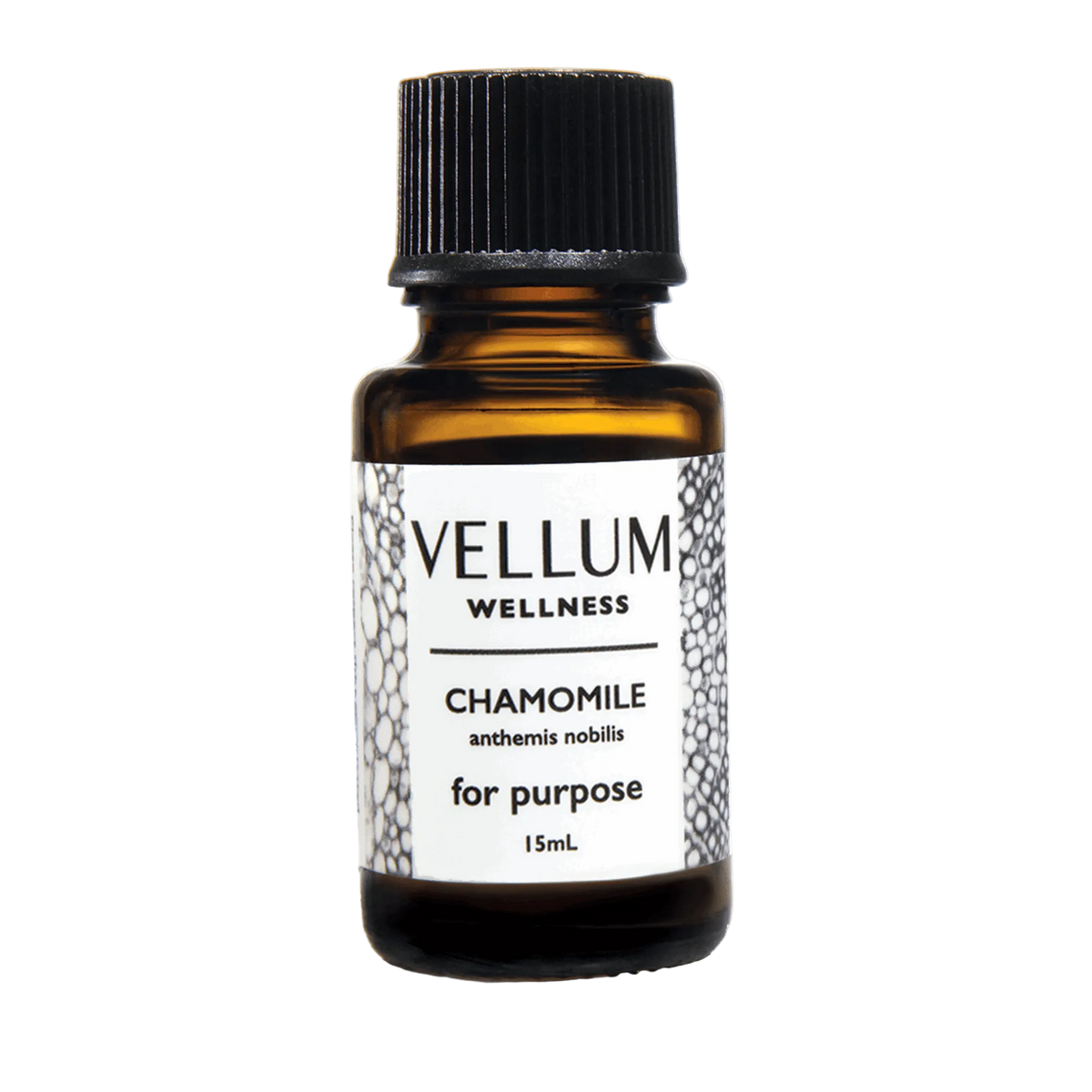 Pure Chamomile Essential Oil by Vellum Wellness, soothing floral aroma for calming anxiety and promoting restful sleep, eases skin irritation and inflammation, 15mL bottle.