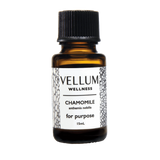 Pure Chamomile Essential Oil by Vellum Wellness, soothing floral aroma for calming anxiety and promoting restful sleep, eases skin irritation and inflammation, 15mL bottle.